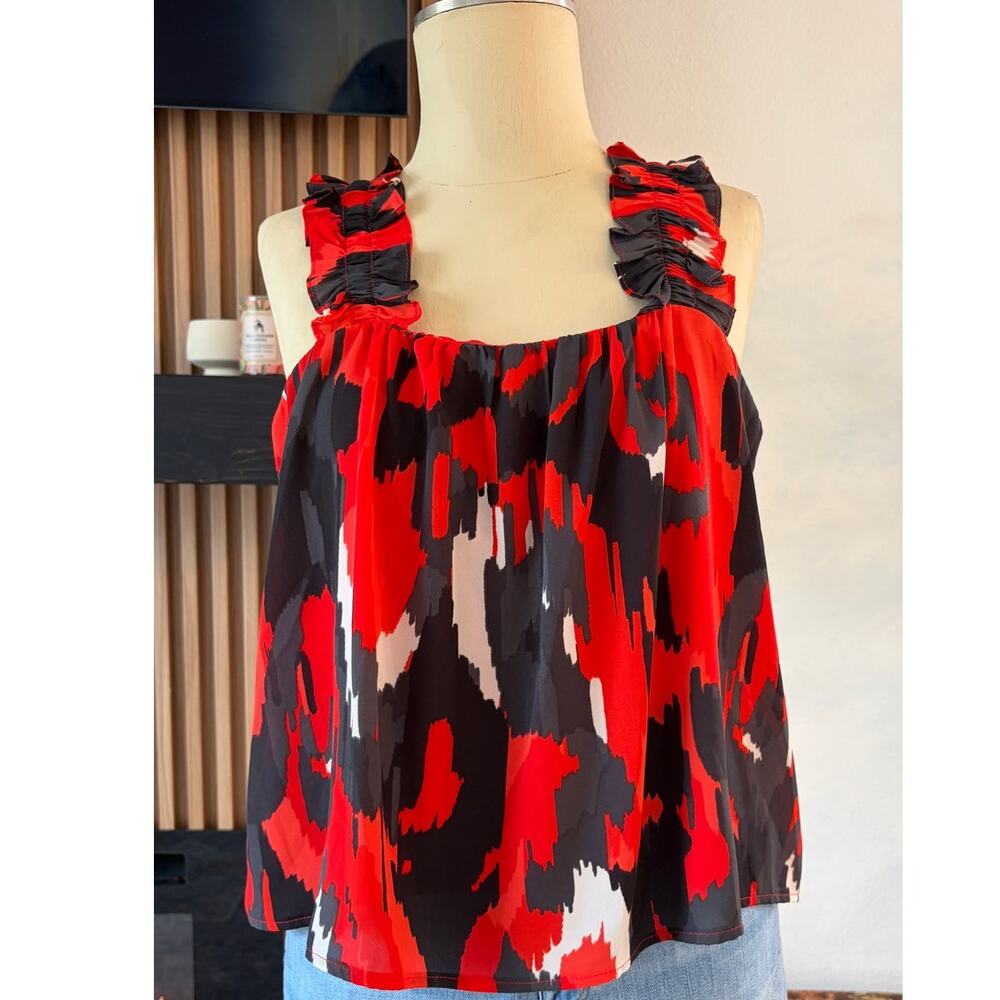 Adrienne Red Black Abstract Print Ruffle Strap Tank Top Size Large